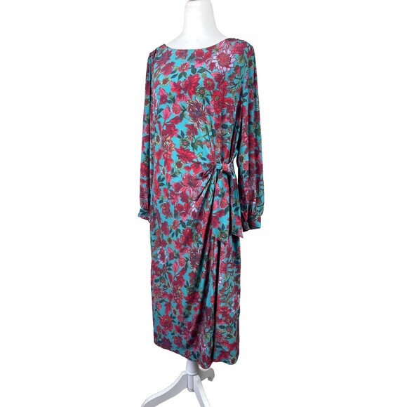 Talbots Midi Dress 14 Floral Jewel Tone Teal Red Faux Wrap Side Tie Long Sleeve - Picture 4 of 16